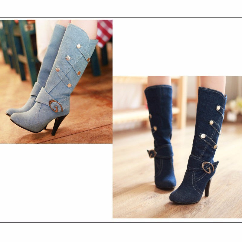 Trendy Denim Fall Knee High Boots