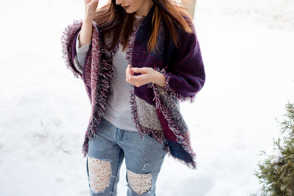 Plaid Fringed Wool Scarf