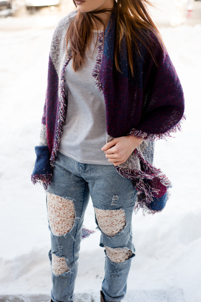 Plaid Fringed Wool Scarf