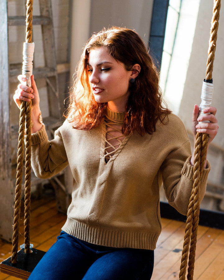 Lace up knitted sweater, kanndie, outerwear, sweaters, pullovers, bandage sweater, cut out sweater