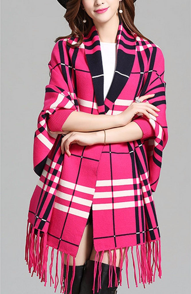Plaid Fringe Cardigan, Plaid Fringe Poncho, Plaid Wrap, Kanndie