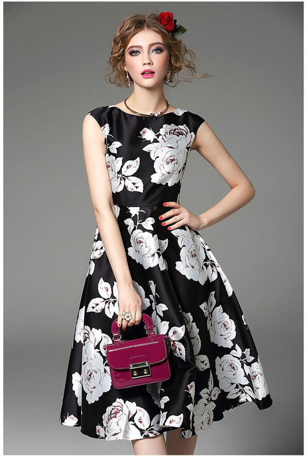 Retro Vintage Rose Print Dress