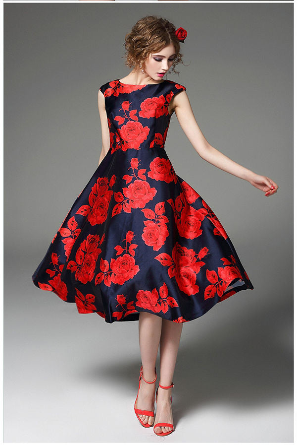 Retro Vintage Rose Print Dress