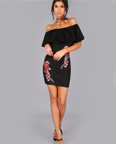 Off The Shoulder Ruffle Faux Suede Dress