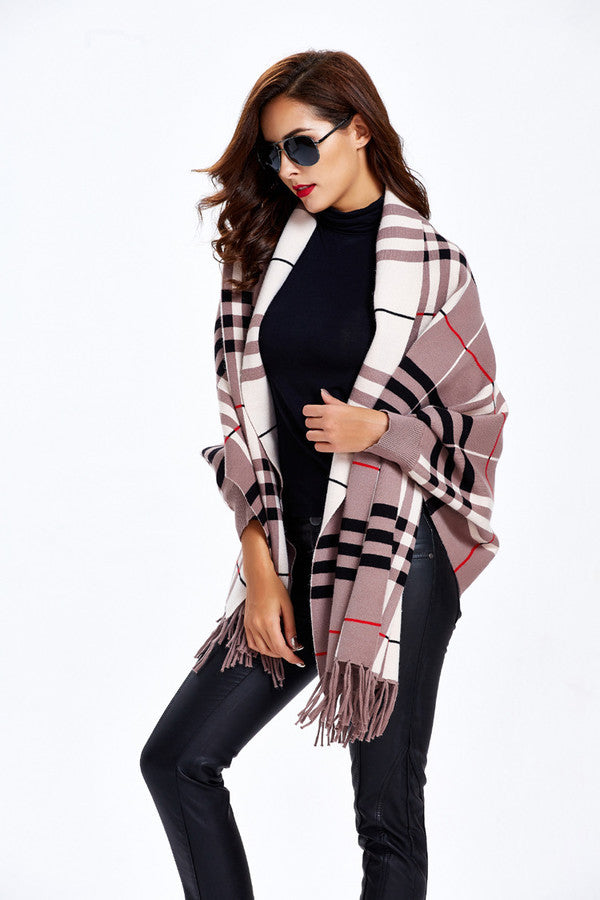 Plaid Fringe Cardigan, Plaid Fringe Poncho, Plaid Wrap, Kanndie
