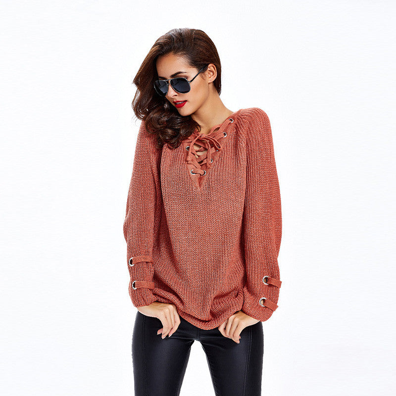 lace up v neck sweater, sweaters, outerwear, bandage sweater