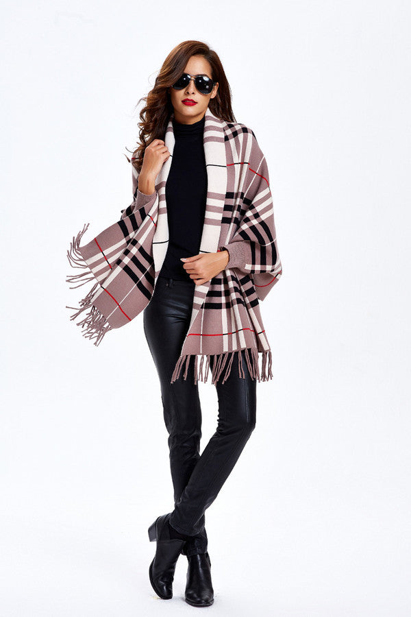 Plaid Fringe Cardigan, Plaid Fringe Poncho, Plaid Wrap, Kanndie