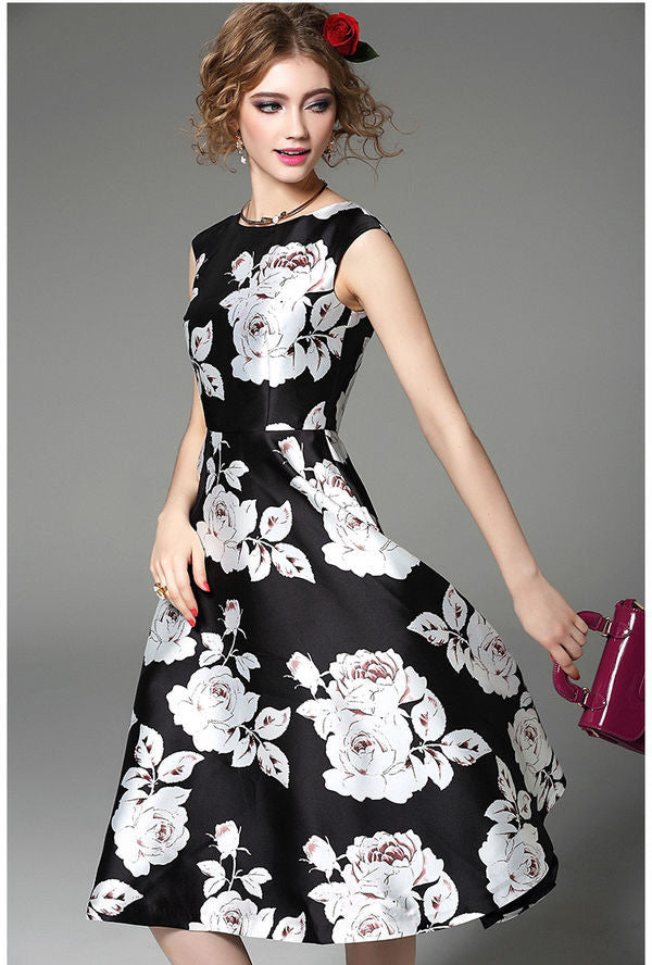 Retro Vintage Rose Print Dress