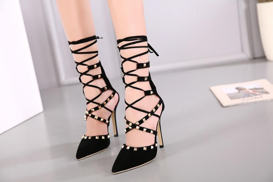 Roman-Sandals-Women-Pumps-European-New-Style-Booties-Ladies-Sexy-Hollow-Cross-Lace-Up-Rivets-Stiletto-lace-up-heels-stilettos-stud-accentuated-shoes-high-heels-pointed-toe-heels