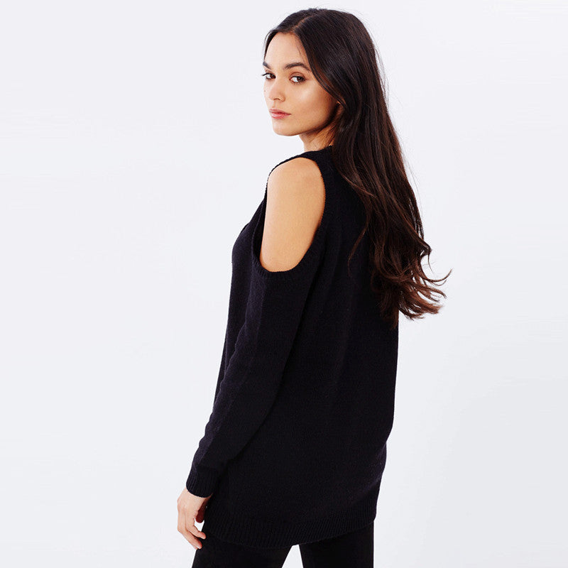 cold shoulder ribbed bandage knitted top, Cut out style top, Tops