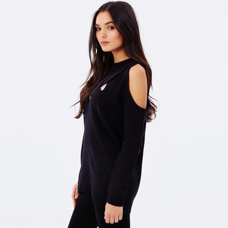 cold shoulder ribbed bandage knitted top, Cut out style top, Tops