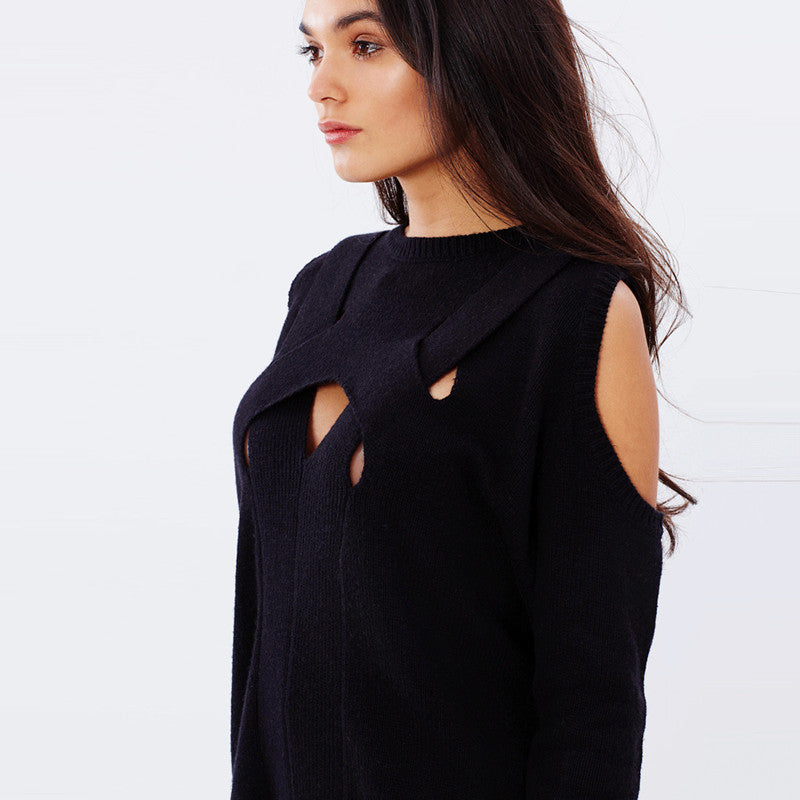 cold shoulder ribbed bandage knitted top, Cut out style top, Tops