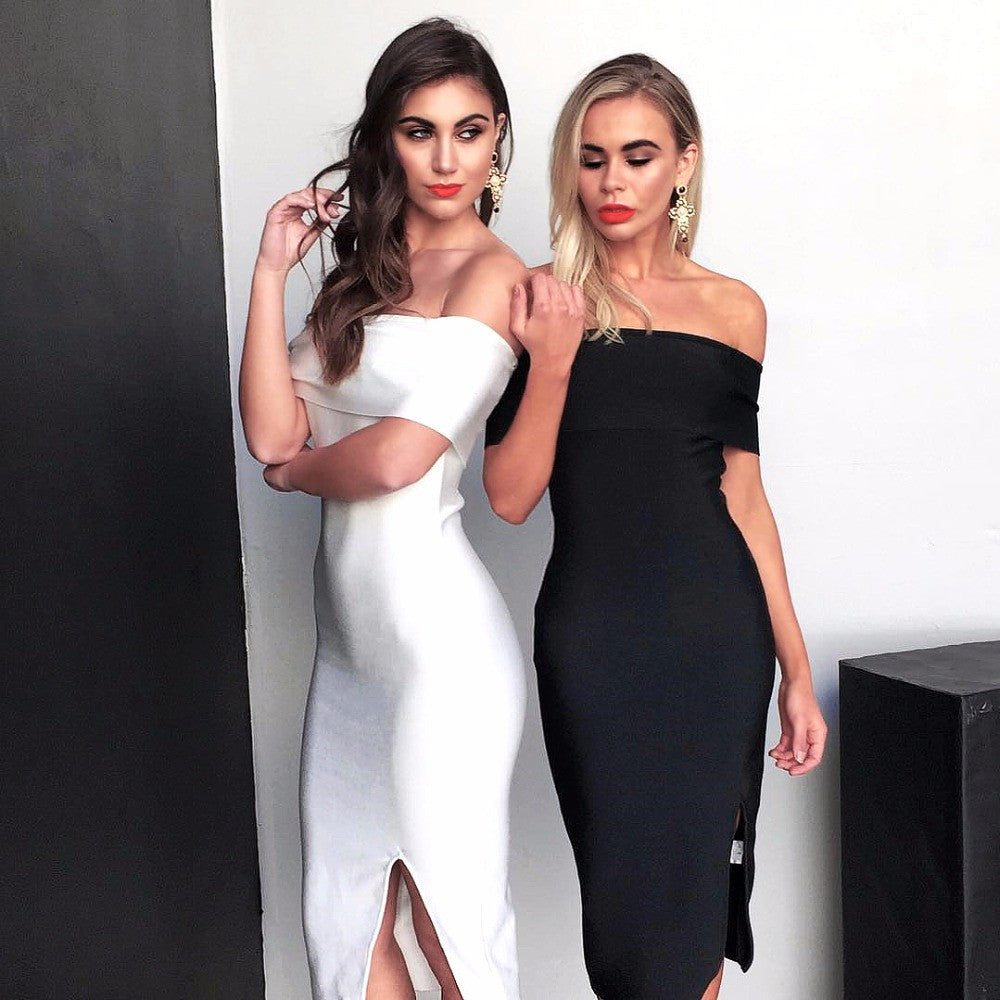 Off Shoulder Split Bandage Dress, Night on the town dress, date dress, little black dress, white dress, bandage dress, boat neck dress