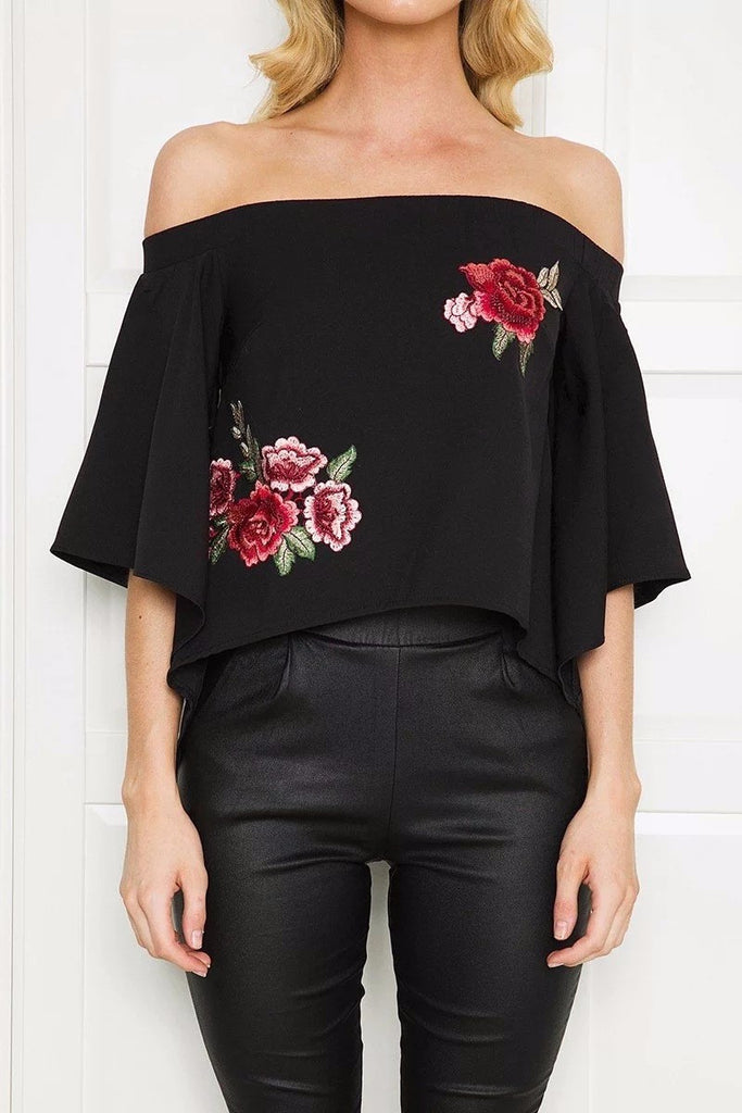 Rose embroidered open back Top