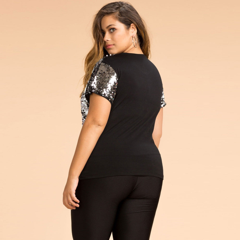 Sequin Patchwork Top, Plus Size Tops, Plus Size Tees, Plus Size T-shirts-Kanndie
