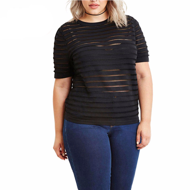 Sheer Short Sleeve Top, plus size tops, tops, Black T-shirts, kanndie