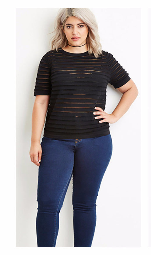 Sheer Short Sleeve Top, plus size tops, tops, Black T-shirts, kanndie