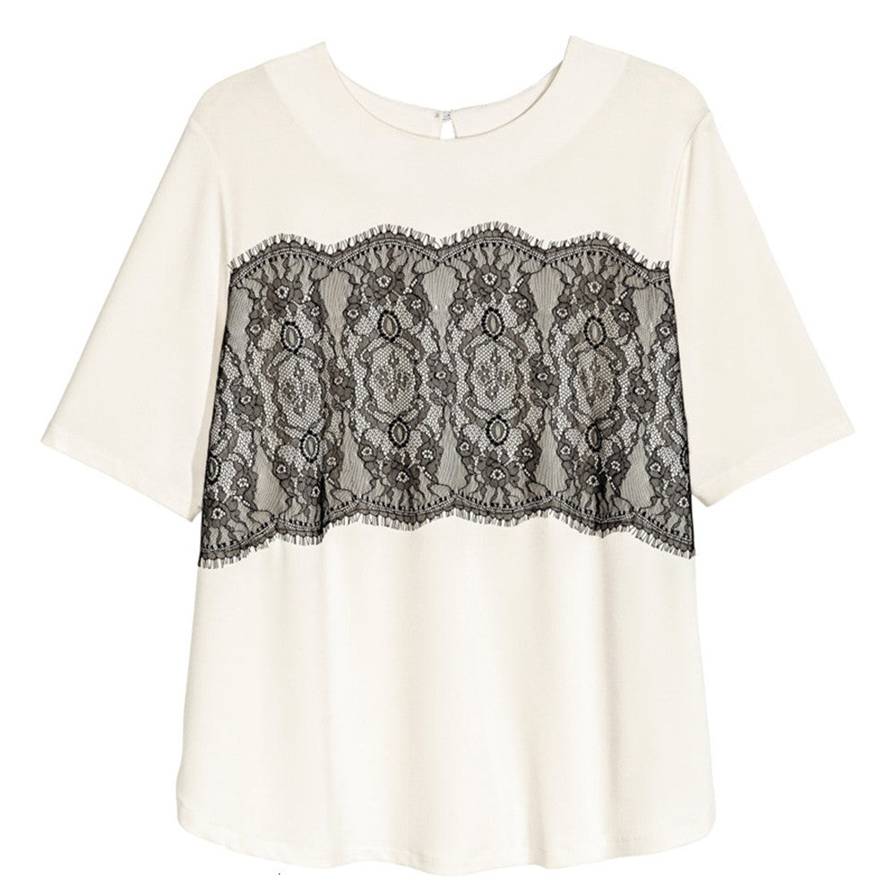 Lace Patchwork Tee, Plus size T-shirt, Lace t-shirts, white Tee, White T-shirts-kanndie