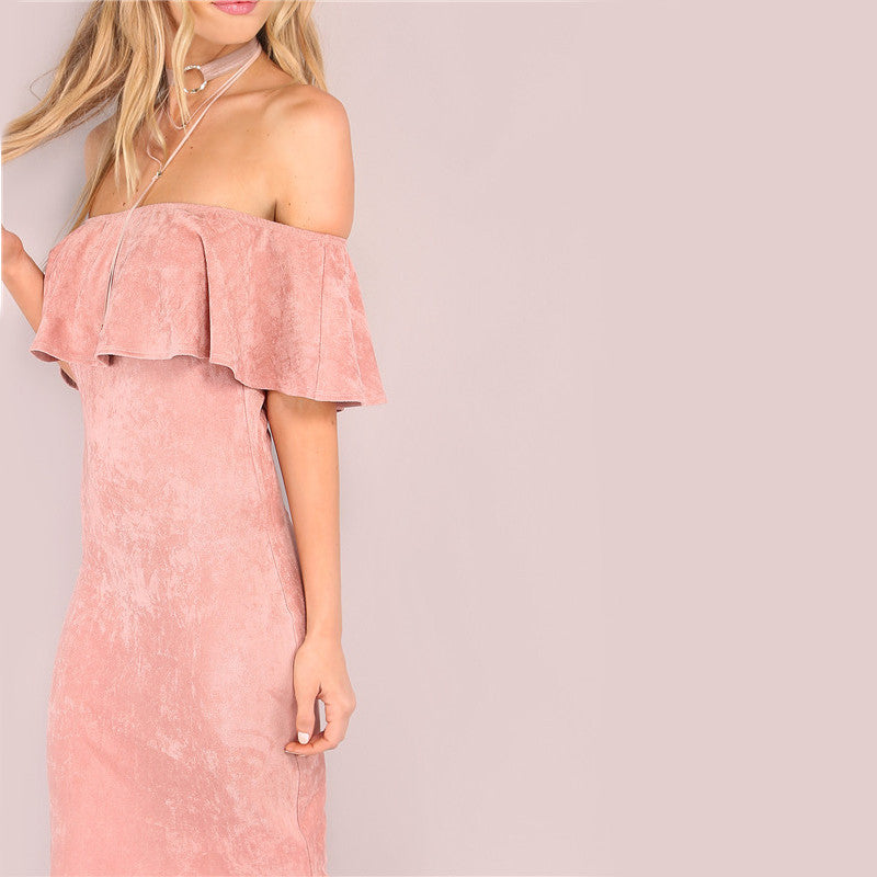 off-the-shoulder-dress-ruffles-dress-pink-dress-suede-dress