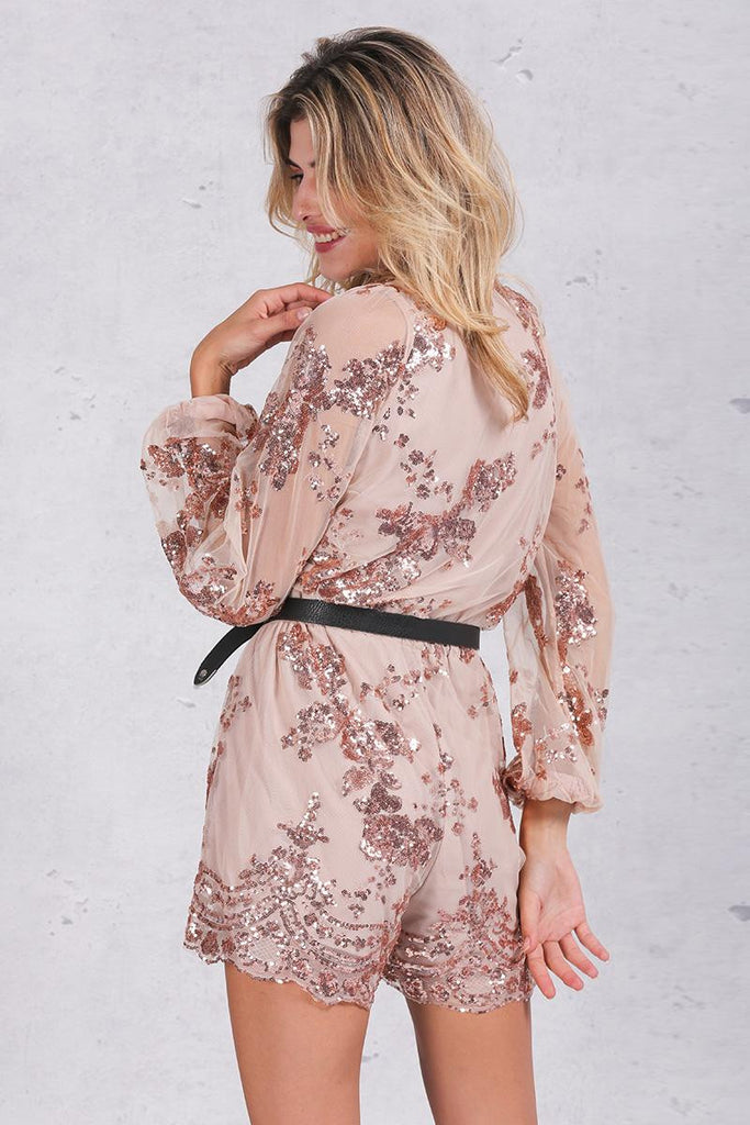 Gold-sequin-embroidery-elegant-jumpsuit-romper-Transparent-mesh-sleeve-playsuit-women