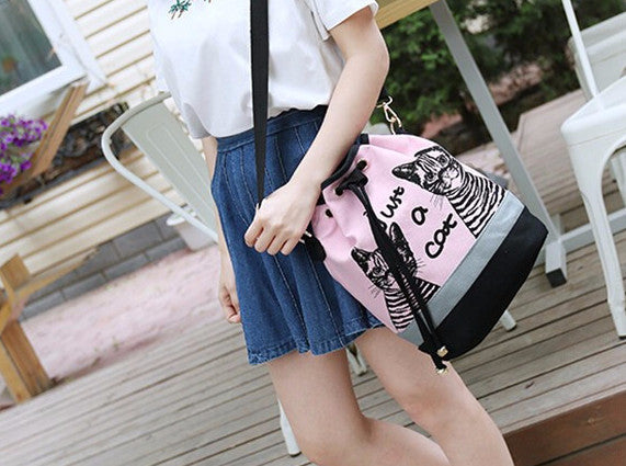 Cat Print Drawstring Messenger Bag