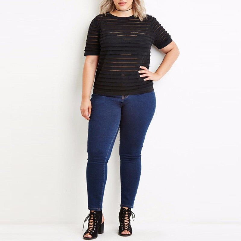 Sheer Short Sleeve Top, plus size tops, tops, Black T-shirts, kanndie