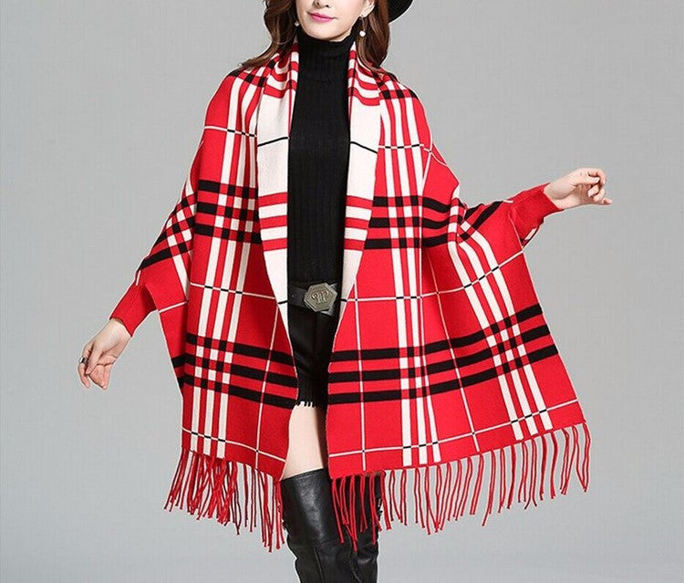 Plaid Fringe Cardigan, Plaid Fringe Poncho, Plaid Wrap, Kanndie