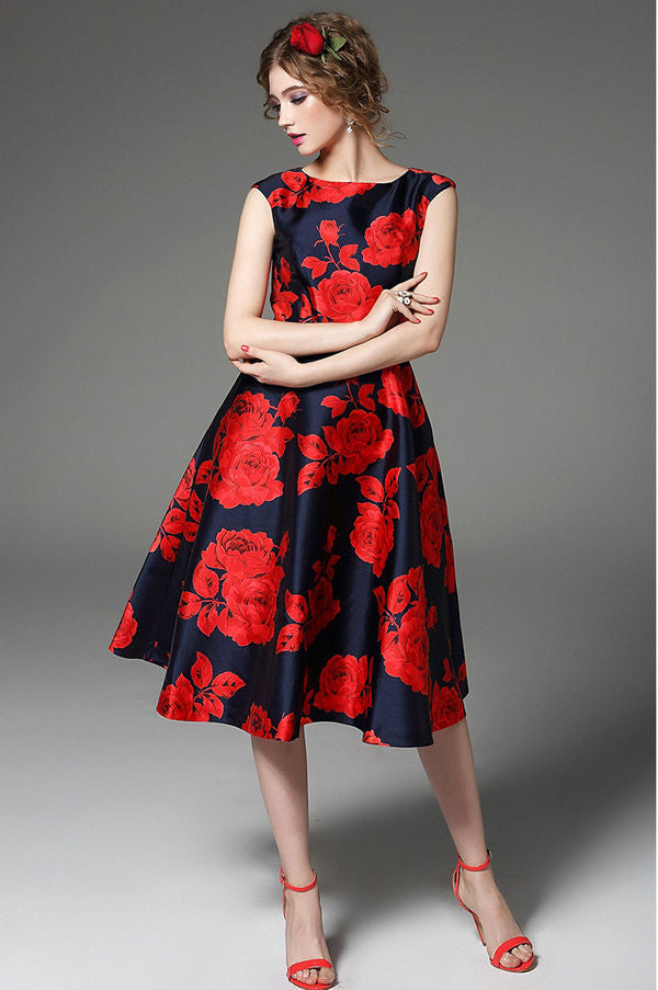 Retro Vintage Rose Print Dress