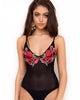 Rose-Applique-Black-Lace-Sexy-Flower-Halter-Straps-Embroidery-Mesh-Bodysuit-Deep-V-Neck-Pink-Rose-Applique-Romper