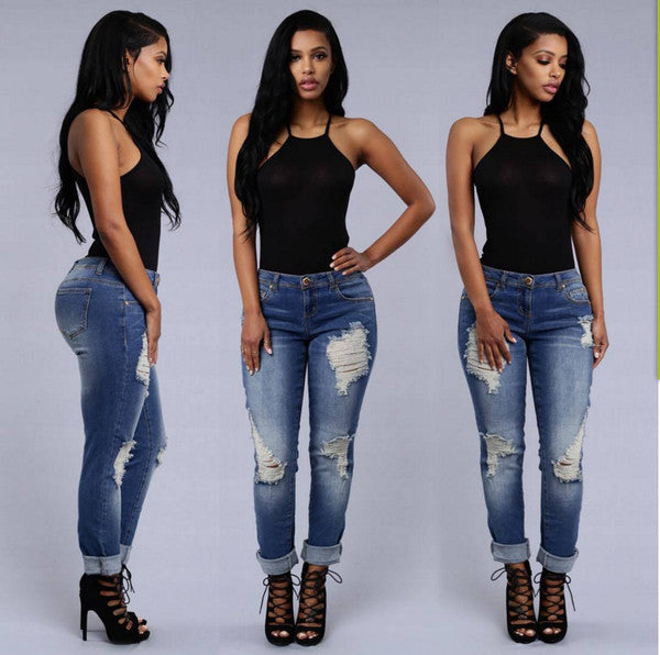 Trendy Ripped High Waist Blue Jeans