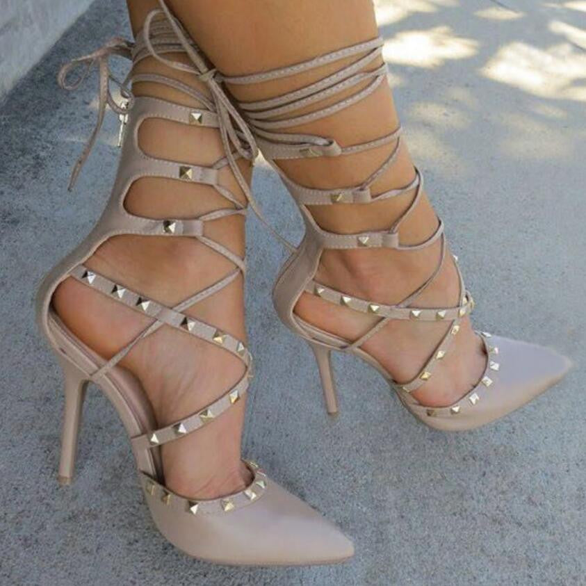 Roman-Sandals-Women-Pumps-European-New-Style-Booties-Ladies-Sexy-Hollow-Cross-Lace-Up-Rivets-Stiletto-lace-up-heels-stilettos-stud-accentuated-shoes-high-heels-pointed-toe-heels