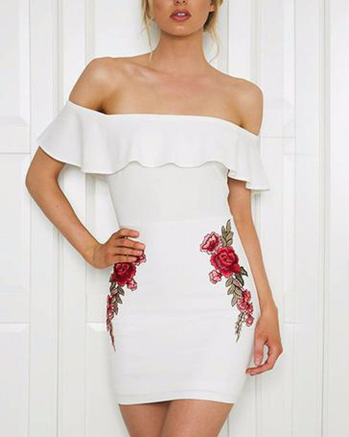 Off The Shoulder Flower Embroidery Dress