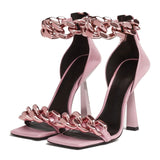 GOLD CHAIN DETAILED SQUARE TOE SANDALS