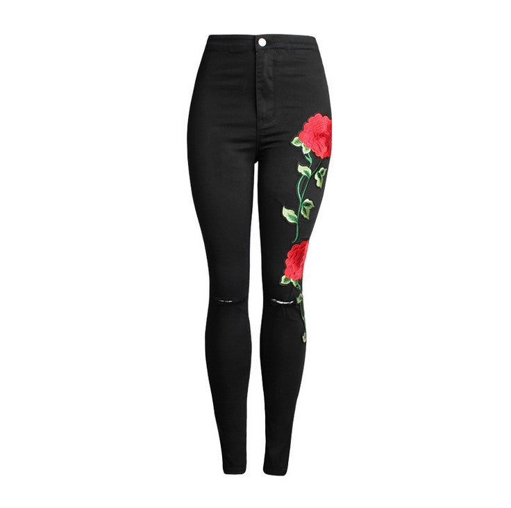 Rose Applique Black Jeans – Kanndie