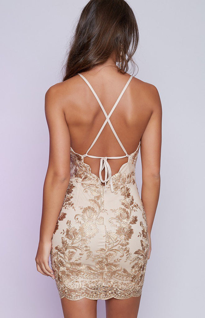 Backless Gold Lace Bodycon Mini Dress