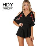 HDY Haoduoyi Women Cold Shoulder Jumpsuit Solid Color Floral Embroidered Backless Playsuit Sexy Loose Female Bohimian Rompers