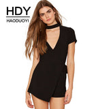 Haoduiyi HDY 2018 Black Women Playsuits V-Neck Waist Tie Short Sleeve Brief Jumpsuits Streetwear Vintage Slim Sexy Women Romper