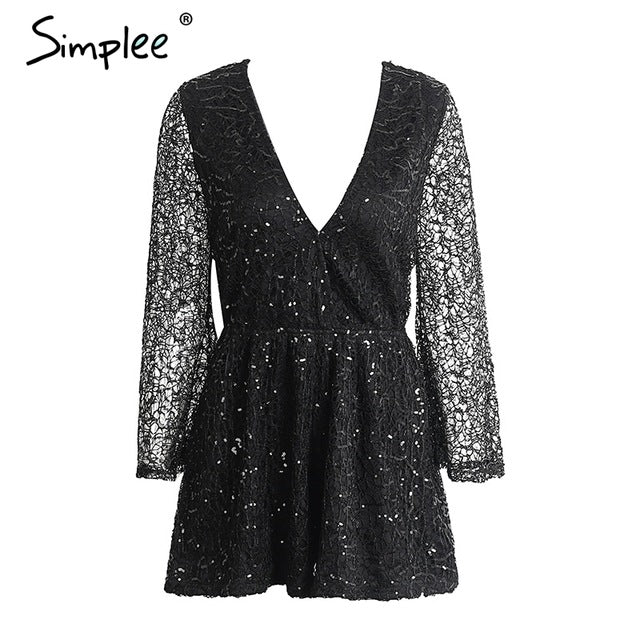 Simplee Sexy lace gold sequin jumpsuit romper Women deep v neck hollow out overalls Summer 2017 long flare sleeve black playsuit