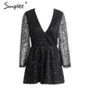 Simplee Sexy lace gold sequin jumpsuit romper Women deep v neck hollow out overalls Summer 2017 long flare sleeve black playsuit