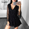 Simplee Sexy lace gold sequin jumpsuit romper Women deep v neck hollow out overalls Summer 2017 long flare sleeve black playsuit