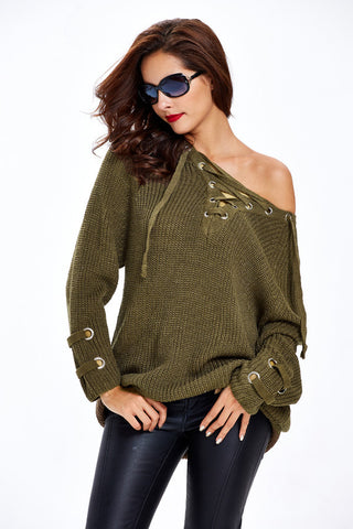 One Shoulder Lace Up Sleeve Sweater